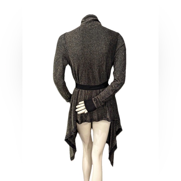 BCBG Paris Metallic Gold Black Open Front Cardigan Women’s M Stretch Belted - Picture 4 of 9